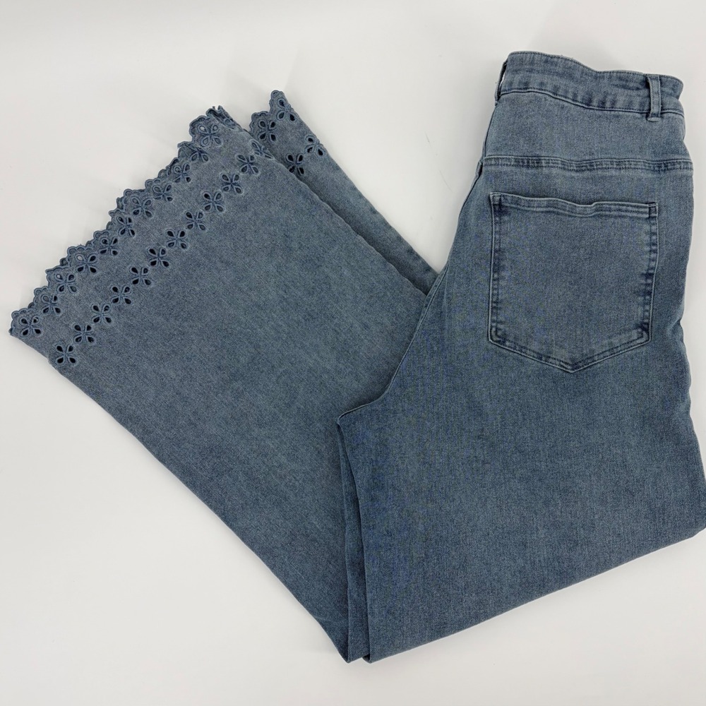 Entro Jeans Wide Leg Women 32 Eyelet Scalloped Hem High Rise Blue Denim